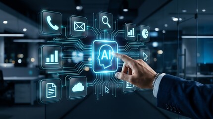 Fototapeta premium Futuristic AI technology interaction, a hand reaching towards a glowing digital brain icon surrounded by modern business interface elements