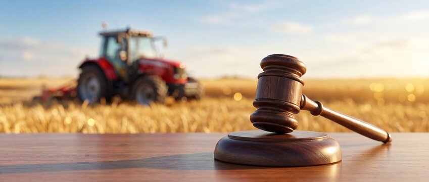 Wooden gavel on table with tractor in background conveying rural legal concepts and farming industry regulations