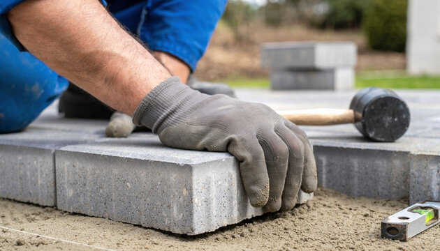 Construction Worker Installing Concrete Paving Blocks on Sand Base at Outdoor Site