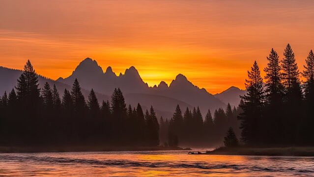 Vibrant sunset over rugged mountain peaks and forest river.