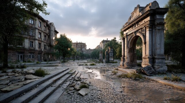 Ruins of a Once-Grand City: An evocative scene of urban devastation, where ancient ruins and damaged buildings stand testament to a forgotten conflict, under a somber, cloudy sky.