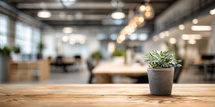 A small potted plant sits on a wooden table in a modern office space.