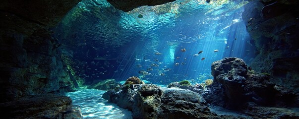 Sunbeams pierce crystal-clear water illuminating a vibrant underwater cave with schooling fish