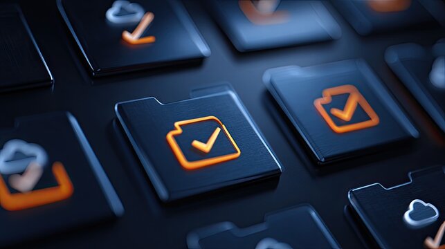 Digital icons of file folders with checkmarks and clouds on dark background