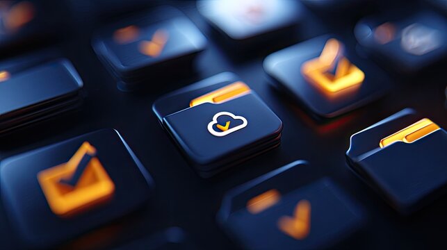 Rows of dark, glowing icons depicting folders, checklists, and cloud storage