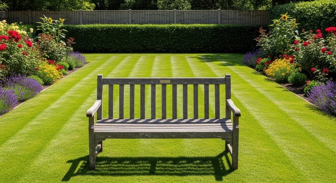 Wooden Bench in a Beautifully Manicured Garden.