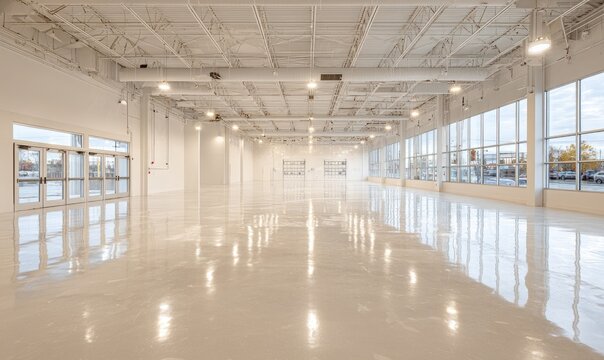 Bright, spacious, modern interior with large windows and polished floor