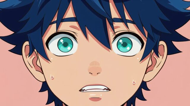 Anxious Anime Youth: Close-up on the wide, terrified eyes of a young anime character with vibrant blue hair, conveying a sense of shock and apprehension.