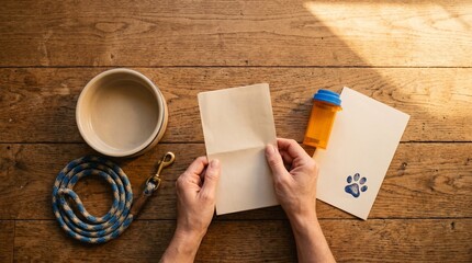 Obraz premium Hands Holding Blank Folded Letter Next to Empty Dog Bowl, Blue Leash, Prescription Pill Bottle, and Paw Print Paper on Rustic Wooden Table in Warm Sunlight