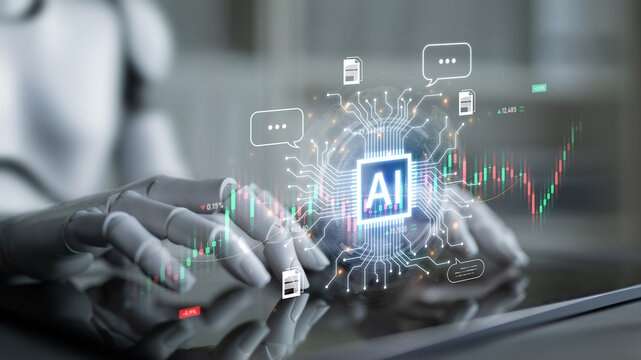 Futuristic financial technology concept features automated robot trader, quantitative analytics, and real-time stock market graph. Represents high frequency trading HFT and wealth management. Corpus