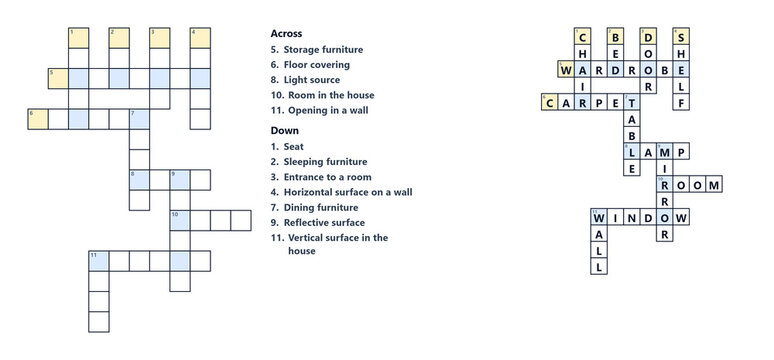 Crossword puzzle with clues and answers on paper background  