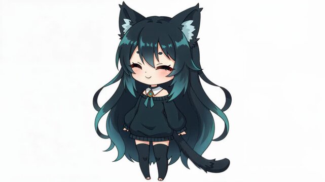 Chibi Cat Girl Illustration: A cute anime-style chibi character with cat ears, long flowing hair, and a playful smile, rendered in a charming illustration.