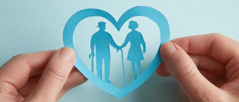 Hands holding a blue paper heart with elderly couple silhouette