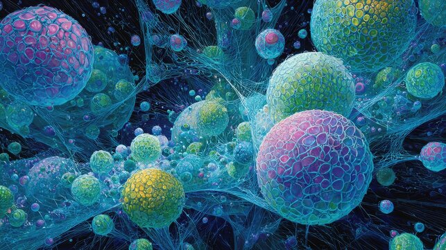 Vibrant, textured spheres interconnected by ethereal, luminous webs