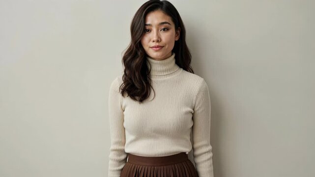 Elegant Woman in Turtleneck: A stylish young woman with dark wavy hair, wearing a cream-colored turtleneck and a brown skirt, poses confidently against a neutral background.