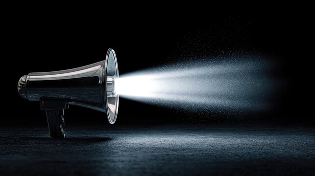A chrome megaphone emits a powerful beam of light against a dark background