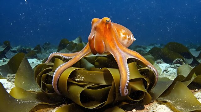Low angle macro shot of a vibrant orange octopus morphing and spreading its tentacles over a bundle of kelp on the sandy ocean floor, illuminated by soft underwater light