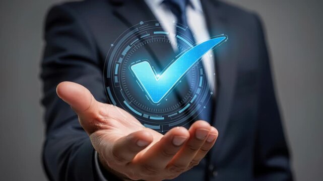 Hand Offering Digital Checkmark: A businessman in a suit holds out his hand, presenting a glowing blue digital checkmark symbolizing confirmation, validation, or a successful task completion.