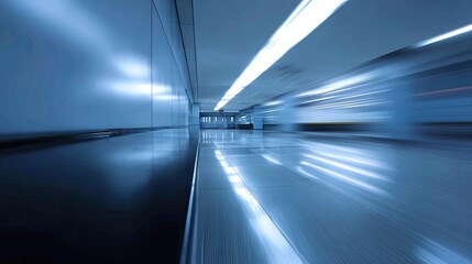 Fototapeta premium Futuristic, motion-blurred, blue-toned corridor with bright overhead lights reflecting