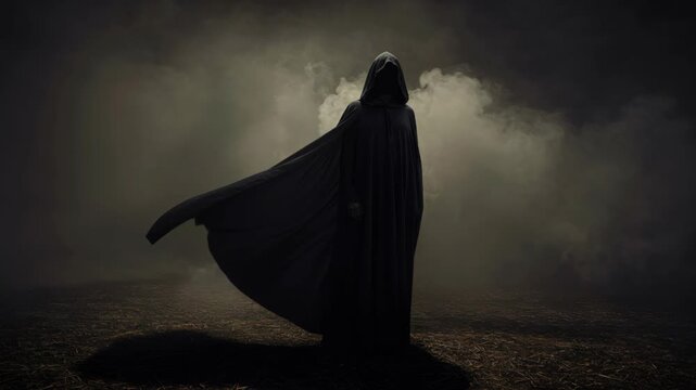 Mysterious Figure in Mist: A lone, hooded figure draped in a flowing black cloak stands shrouded in mist, evoking a sense of mystery and intrigue in a desolate landscape.
