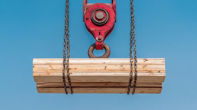 Red crane hook suspends stacked wooden planks against a clear blue sky