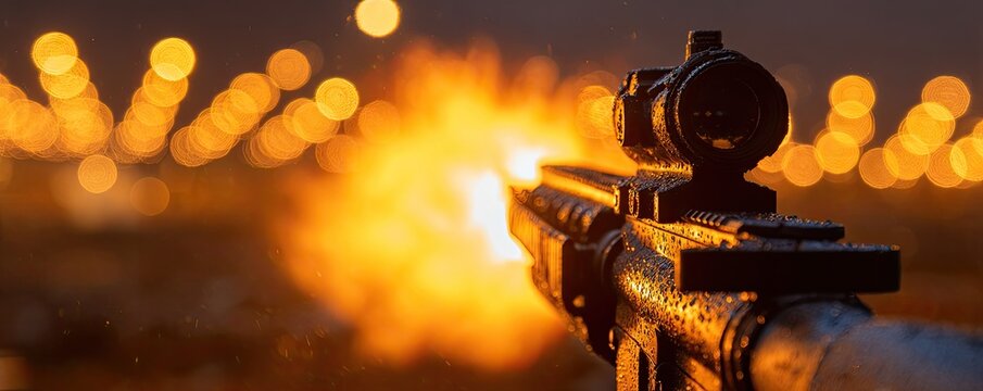 A close-up of a weapon firing, with a fiery muzzle flash in a dark, bokeh-lit environment