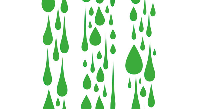 Green Water Drops Falling Down on White Background
