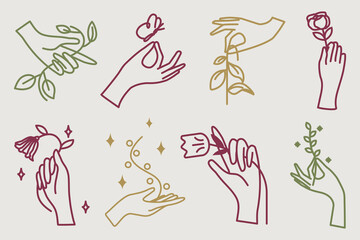 Obraz premium Vector of diverse hands holding flowers and plants in minimalist style.
