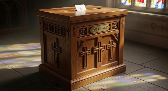 Wooden Offering Box in Church with Crosses and Light.