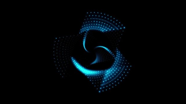 A rotating isosceles blue neon 3D triangle composed of small, alternately glowing dots isolated on a black background. Sacred geometry. 4K loop animation at 60 fps.