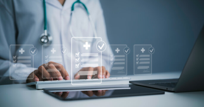 Digital healthcare management concept with doctor typing on computer and virtual medical checklist for patient records telemedicine compliance diagnosis healthcare technology workflow