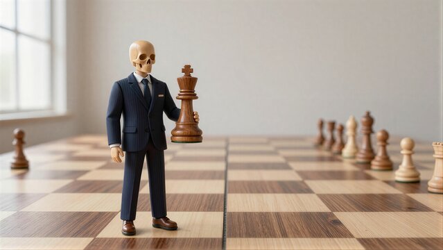 Skull CEO holds chess king symbolizing power and inevitable downfall