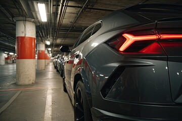 Fototapeta premium Sleek modern SUV with glowing taillights in dimly lit parking garage