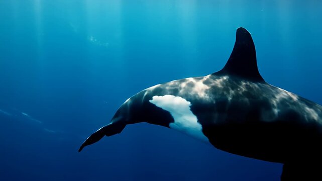 Orca swimming underwater in deep blue ocean sunlight