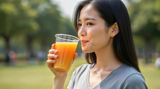 Refreshing Sip Outdoors: A young woman enjoys a cold beverage on a sunny day in a park, savoring the sweet taste and the refreshing outdoors.