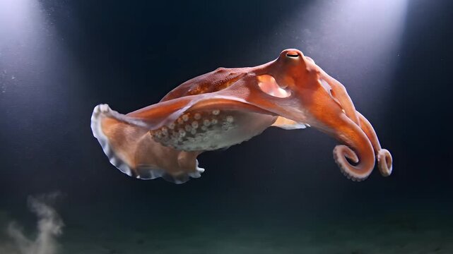 A pink blanket octopus swimming gracefully in the deep sea illuminated by twin searchlights creating a dramatic high contrast lighting effect