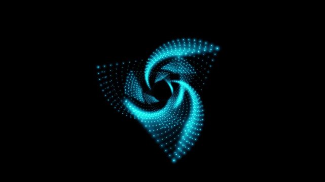 A rotating isosceles blue neon 3D triangle composed of small, alternately glowing dots isolated on a black background. Sacred geometry. 4K loop animation at 60 fps.