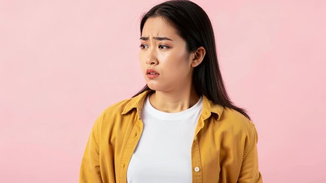 Confused Expression: A young woman with dark hair, wearing a mustard yellow shirt and white t-shirt, displays a look of confusion or mild distress against a plain pink background.