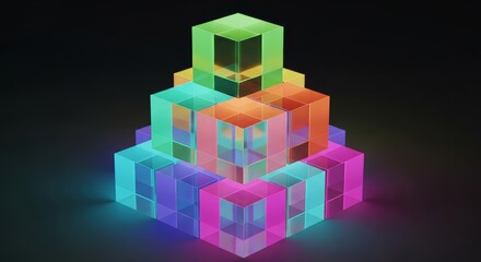 Fototapeta premium A stunning display of translucent acrylic cubes stacked in a modern geometric pattern, illuminated by vibrant glowing rainbow neon gradients, futuristic, translucent, minimal