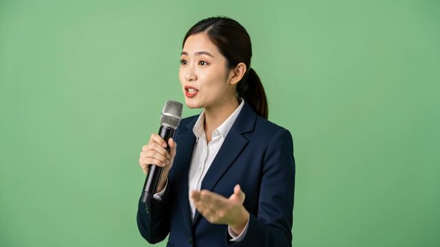 Businesswoman Speaking into Microphone: A confident businesswoman, dressed in a smart suit, delivers a compelling speech into a microphone, her gesture engaging the audience.