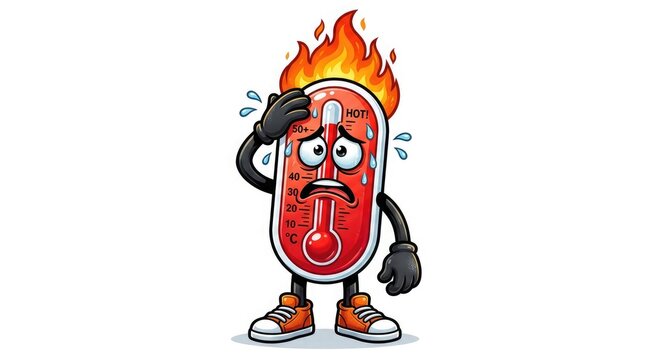 Cartoon thermometer character overheated with flames and sweat drops