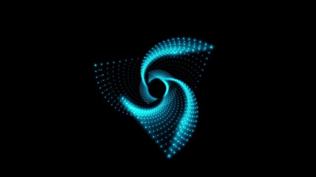 A rotating isosceles blue neon 3D triangle composed of small, alternately glowing dots isolated on a black background. Sacred geometry. 4K loop animation at 60 fps.