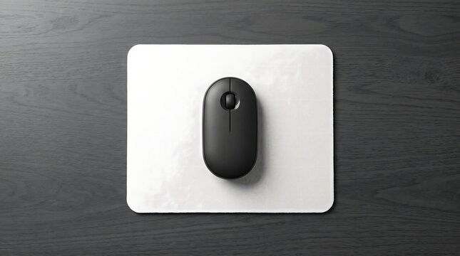 Top view of black computer mouse on white mousepad and dark desk