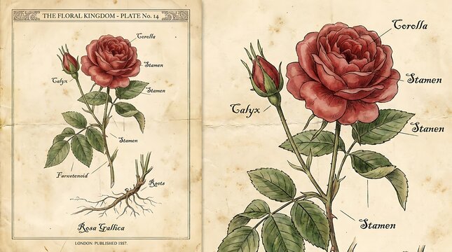 Rose botanical illustration rendered in a vintage scientific style displays detailed labels for educational purposes.