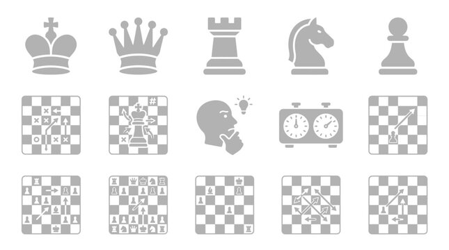 Collection of chess icons including pieces, boards, and a chess clock, representing strategy and games.