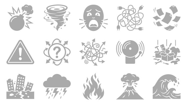 Collection of disaster icons representing various emergencies and crises, including natural disasters and man-made threats.
