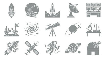 Collection of space exploration and science icons, including rockets, astronauts, planets, and telescopes. © yuanita