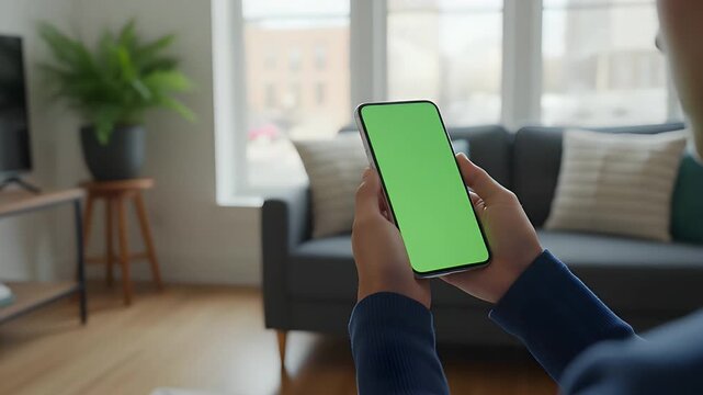 Person holding a modern smartphone with a vibrant green screen for digital content creation or app demonstration