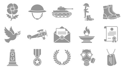 Collection of military and remembrance icons including a poppy, helmet, tank, and boots. © yuanita