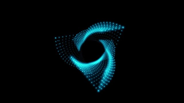 A rotating isosceles blue neon 3D triangle composed of small, alternately glowing dots isolated on a black background. Sacred geometry. 4K loop animation at 60 fps.